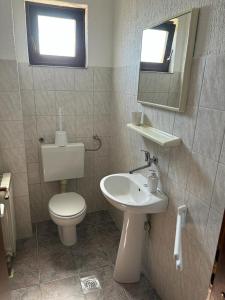 a bathroom with a toilet and a sink and a mirror at Apartments by the sea Slatine, Ciovo - 1128 in Slatine