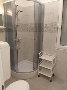 La salle de bains est pourvue d'une douche avec une porte en verre. dans l'établissement Apartments with a parking space Novi Vinodolski - 2416, à Novi Vinodolski