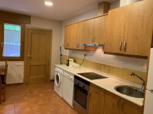 cocina con armarios de madera, fregadero y lavavajillas en Apartamento Pineta en Bielsa