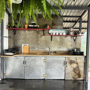 eine Küche mit einer Theke mit Pflanzen darauf in der Unterkunft Glamping La Mardo in Cartago