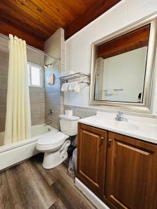 bagno con lavabo, servizi igienici e specchio di Anchor Inn Motel by Loyalty a Blaine