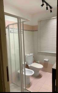 een badkamer met een toilet en een glazen douche bij PALM BEACH EN BOCA CHICA in Boca Chica