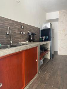 eine Küche mit einer Spüle und einem Kühlschrank in der Unterkunft Caribo Cozumel in Cozumel