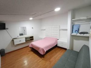 a bedroom with a pink bed and a couch at Loft Santa Rosa in Apizaco