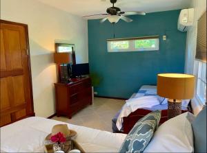 1 dormitorio con 2 camas y pared azul en Los Mangoes, en Hopkins