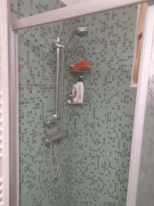 y baño con ducha y azulejos verdes. en Casa Vacanze Sant'Anna, en Parabita