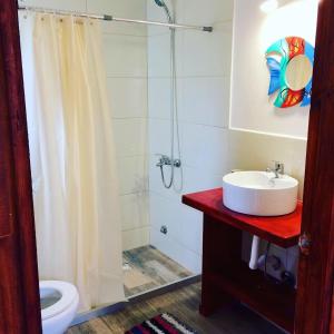 a bathroom with a shower and a sink and a toilet at Posada Agua Marina in La Paloma