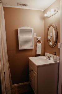 La salle de bains est pourvue d'un lavabo et d'un miroir. dans l'établissement Hadley's House - A Country 3 Bdrm with Screened-In Porch, à New Braunfels