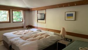a bedroom with a large bed with a tv on the wall at 乗鞍高原の宿テンガロンハットB&BTengallonhat in Matsumoto
