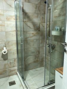 a shower with a glass door in a bathroom at Zeka in Kruševac