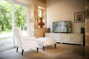 ein Wohnzimmer mit einem TV und einem Stuhl in der Unterkunft Domaine de la Briouse in Sanxay