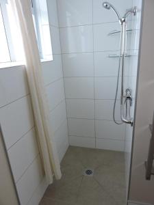 a bathroom with a shower with a glass door at Maple Lodge Motel in Matamata