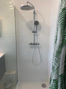 a shower with a shower head in a bathroom at Appartement charmant et cosy in Saint-Estèphe +16 photos