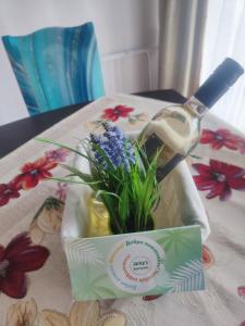 a bottle of soap and a vase of flowers on a table at Jacky's Apartament - Апартамент в Свети Влас in Sveti Vlas