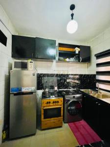 cocina con nevera de acero inoxidable y fogones en 1bed luxury Apartment Opebi, en Ikeja