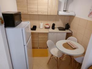 eine kleine Küche mit einem Tisch und einem Kühlschrank in der Unterkunft Ljubovic apartman in Podgorica