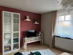 a living room with a tv and a red wall at FeWo Zwischen Nord- und Ostsee in Dörpstedt