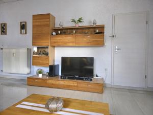 Sauerlandluft في Balve: غرفة معيشة مع تلفزيون على مركز ترفيهي خشبي