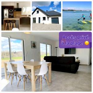 un collage de fotos de una sala de estar y una casa en Maison neuve, jardin et accès privé à la plage en Canet-de-Salars