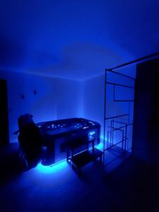 a dark room with a table and a blue light at Les abeilles du Mont d'or in Manosque