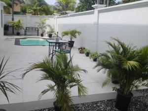 a patio with plants and a table and a pool at Riverside Bed and Breakfast in San Juan