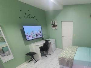 een slaapkamer met een bed, een bureau en een televisie bij Riverside Apartments in San Juan