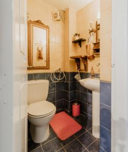 a bathroom with a toilet and a sink at Artistic Home- 250yr old traditional village house in Koskinou