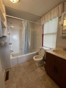 a bathroom with a toilet and a tub and a sink at LITTLE SANDY-LIMIT 8 cottage in North Sebago