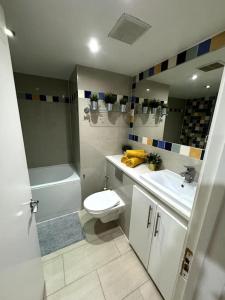 y baño con aseo, lavabo y ducha. en Amazing Earls Court 2 bed Flat with Balcony, en Londres