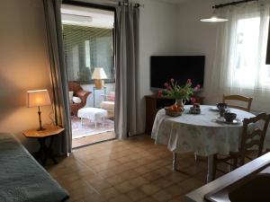 un salon avec une table et une télévision dans l'établissement Albizia, à Vernet-les-Bains