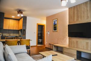 a living room with a couch and a tv at Zlatibor Centar Lux Apartman in Zlatibor