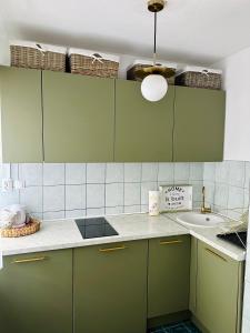 a kitchen with green cabinets and a sink at Cozy Suite Apartment in Visoko +20 photos