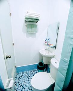 een badkamer met een toilet, een wastafel en een spiegel bij Charming Duplex Apartment in Tagbilaran-stad