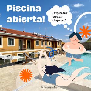 a poster for a resort with a girl in a swimming pool at Casas La Fuente de Saelices - Alojamiento rural 