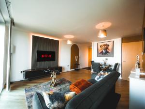 ein Wohnzimmer mit einem Sofa und einem TV in der Unterkunft The Safari Suite Luxury Apartment Milton Keynes in Milton Keynes
