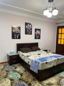 Cozy Nile view apartment في أسيوط: غرفة نوم بسرير وصورتين على الحائط