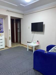 Cozy Nile view apartment في أسيوط: غرفة معيشة مع تلفزيون وأريكة زرقاء
