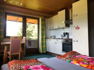 a kitchen with a bed and a table in a room at Appartement Grünfelder in Oberperfuss