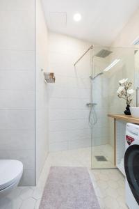 a bathroom with a shower and a toilet at Bronze Colour Studio in Tartu City Centre in Tartu