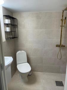 uma casa de banho com um WC e um lavatório em New flat in Limhamn em Limhamn