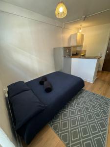 1 dormitorio con 1 cama azul en el centro de una habitación en Cosy Apartment near City Center, en Dublín