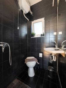 a black tiled bathroom with a toilet and a sink at The Terrace with Acropolis & Athens view in Athens