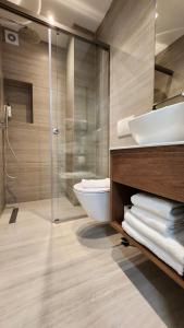 ein Bad mit einem Waschbecken, einem WC und einer Dusche in der Unterkunft Old Town Villa in Durrës
