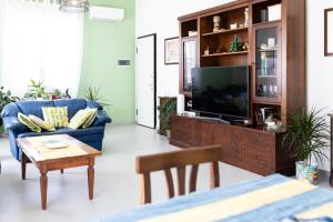 un salon avec un canapé bleu et une télévision dans l'établissement La casa verde, à Cinisi