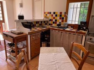 eine Küche mit einer Theke und einer Küchenzeile mit einem Kühlschrank und einer Mikrowelle in der Unterkunft Charmante maison de village in Porto-Vecchio