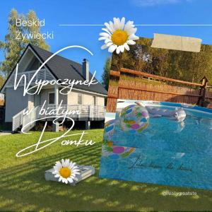a picture of a house and a swimming pool with flowers at Biały Domek koło Żywca in Pewel Wielka