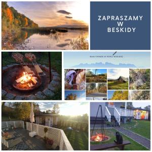 a collage of photos of a fire pit with a sunset at Biały Domek koło Żywca in Pewel Wielka
