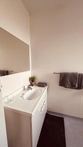 La salle de bains blanche est pourvue d'un lavabo et d'un miroir. dans l'établissement City Court, à Invercargill