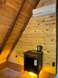 Zamane evleri في جامليهمشين: غرفة ذات سقف خشبي مع موقد