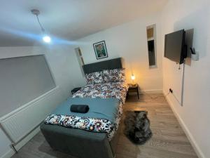 1 dormitorio con 1 cama y TV en Sweet 7 bedroom Mansion London en Ilford